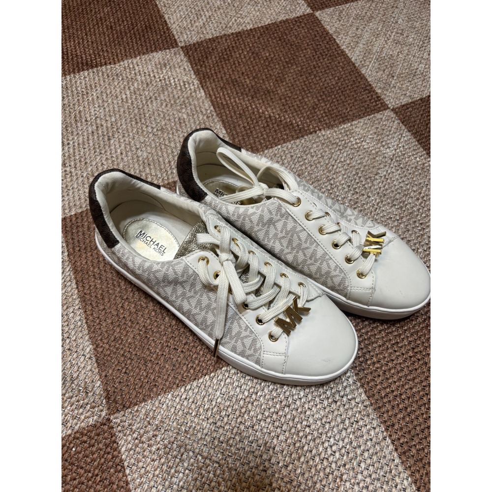 Michael‎ Kors Poppy Lace Up Sneakers Vanilla MK Logo Gold Hardware 8.5M BF21J